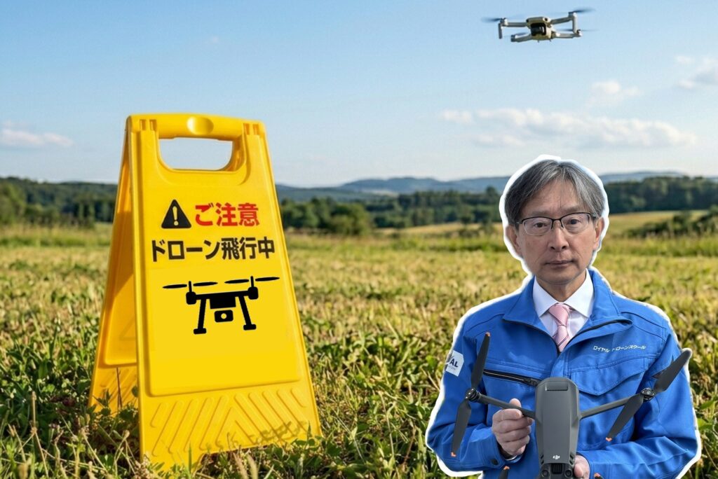 ドローン飛行中サインボードと岡本さん